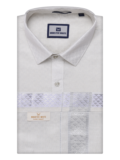 Mens Silver Colour Jacquard Shirt with Matching Flexi Dhoti Combo Zeebra by Minister White