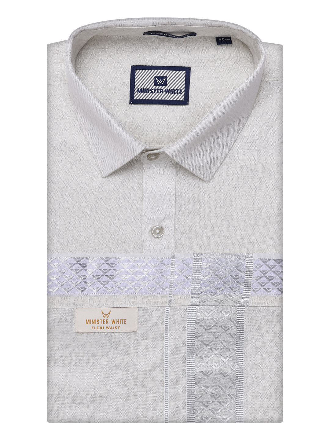 Mens Silver Colour Jacquard Shirt with Matching Flexi Dhoti Combo Zeebra by Minister White