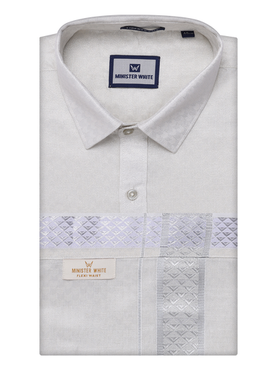 Mens Silver Colour Jacquard Shirt with Matching Flexi Dhoti Combo Zeebra by Minister White