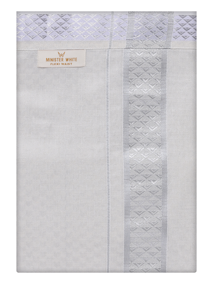 Mens Silver Colour Jacquard Flexi Dhoti by Minister White