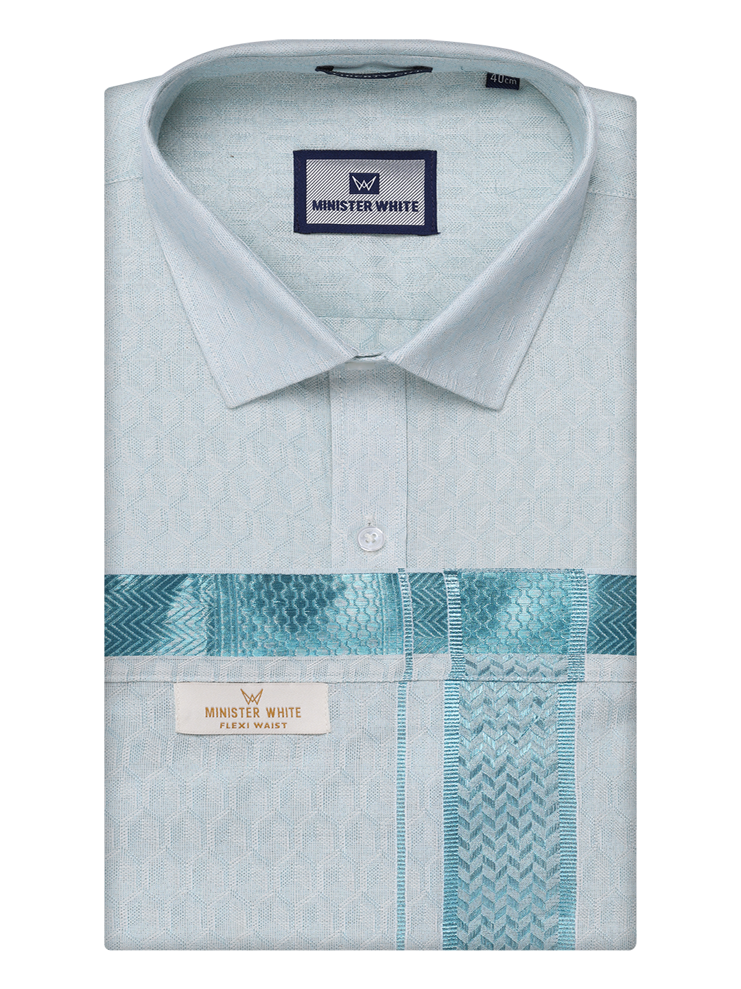 Mens Mint Blue Colour Jacquard Shirt with Matching Flexi Dhoti Combo Zeebra by Minister White