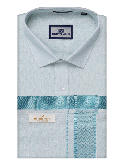 Mens Mint Blue Colour Jacquard Shirt with Matching Flexi Dhoti Combo Zeebra by Minister White