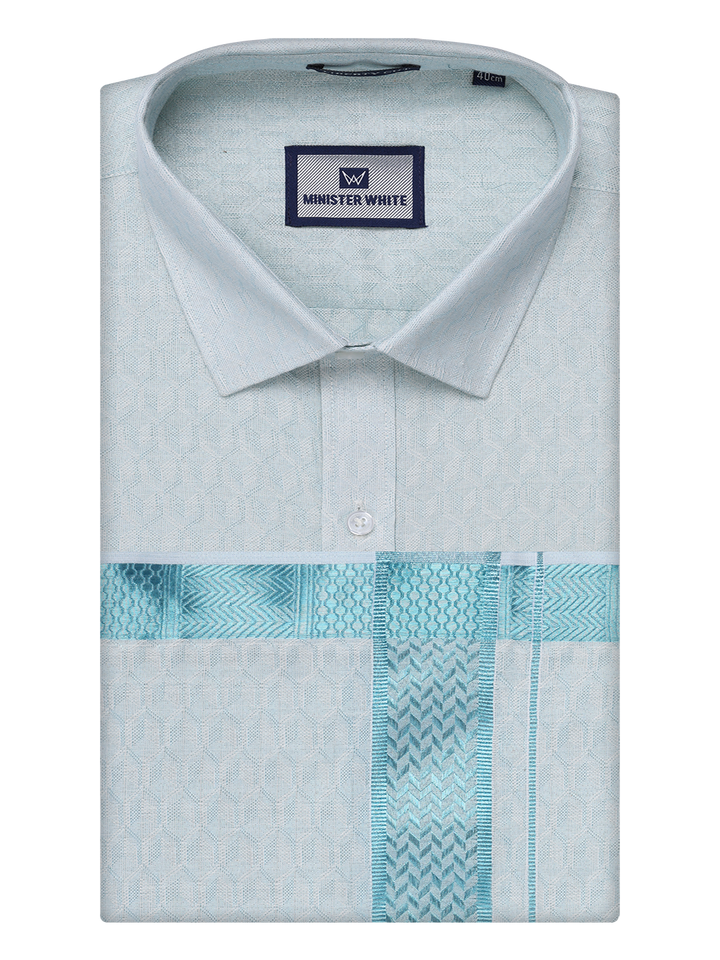 Mens Mint Blue Colour Jacquard Shirt with Matching Dhoti Combo Zeebra by Minister White