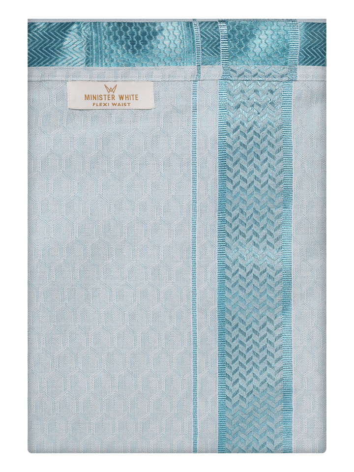 Mens Mint Blue Colour Jacquard Flexi Dhoti by Minister White