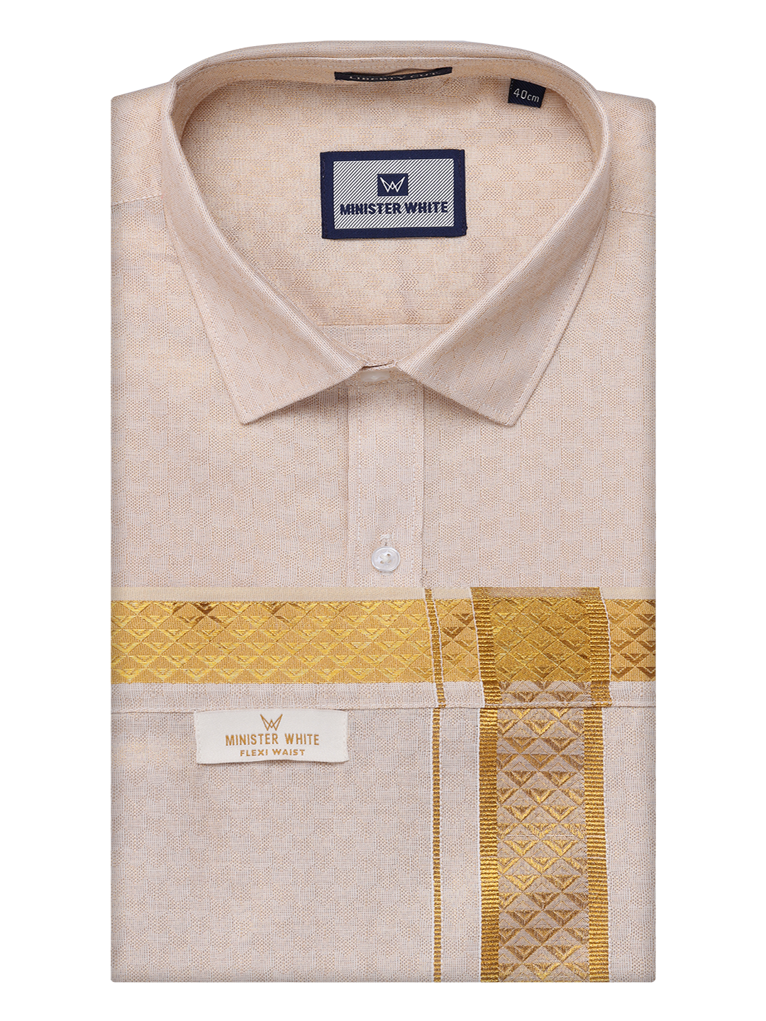 Mens Gold Tissue Jacquard Shirt with Matching Flexi Dhoti Combo Zeebra by Minister White