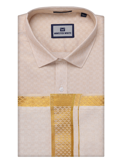 Mens Gold Tissue Jacquard Shirt with Matching Dhoti Combo Zeebra by Minister White