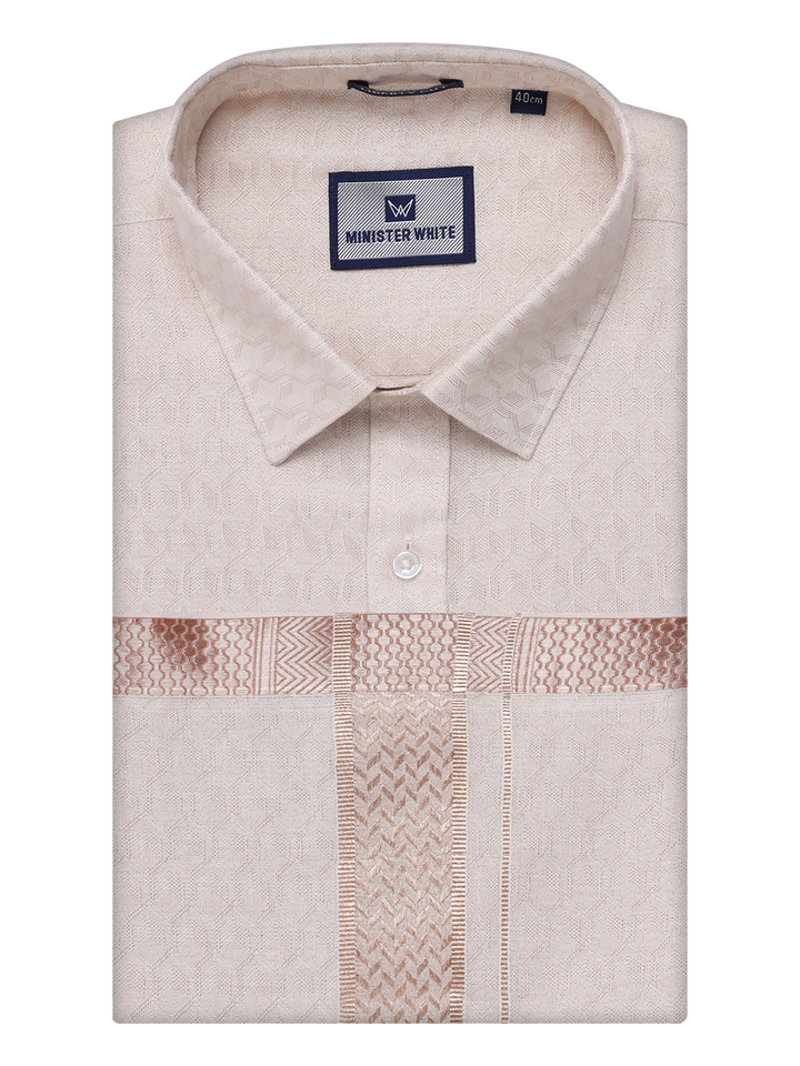 Mens Light Copper Colour Jacquard Shirt with Matching Dhoti Combo Zeebra by Minister White