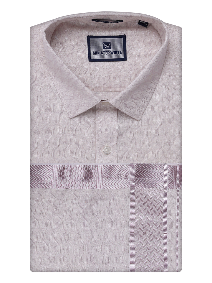 Mens Light Rose Colour Jacquard Shirt with Matching Dhoti Combo Zeebra by Minister White