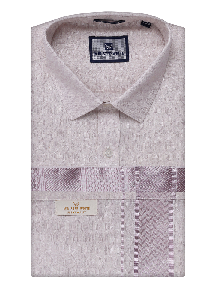 Mens Light Rose Colour Jacquard Shirt with Matching Flexi Dhoti Combo Zeebra by Minister White
