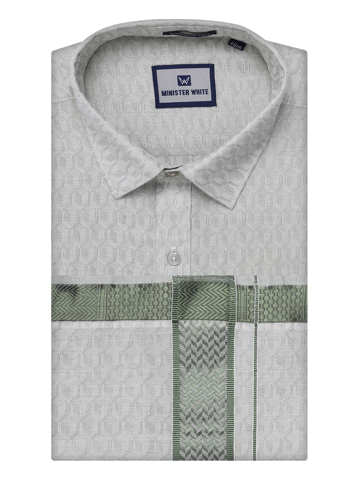 Mens Olive Green Colour Jacquard Shirt with Matching Dhoti Combo Zeebra by Minister White