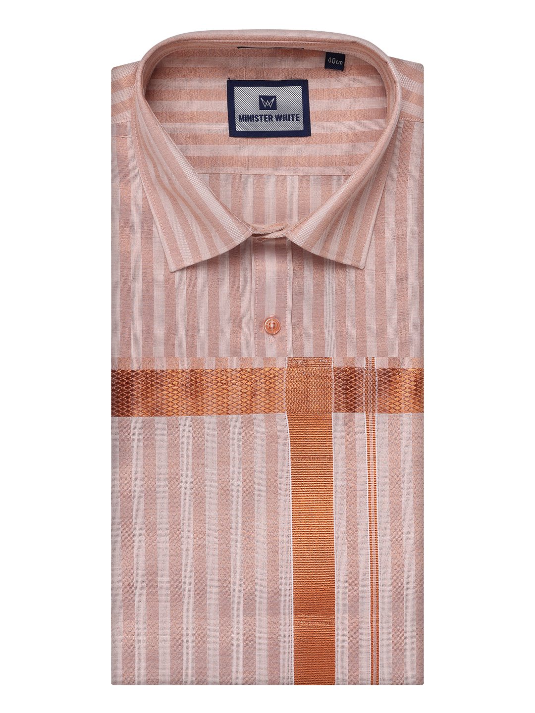 Mens Tissue Stripes Copper Shirt & Jari Border Dhoti Wedding Combo Finely by Minister White