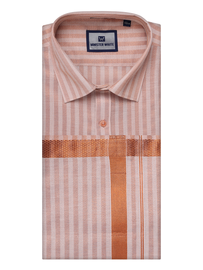 Mens Tissue Stripes Copper Shirt & Jari Border Dhoti Wedding Combo Finely by Minister White