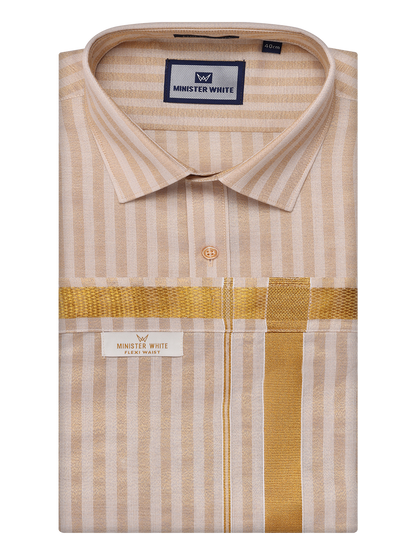 Men's Tissue Stripes Gold Shirt & Jari Border Flexi Dhoti Wedding Combo Finely