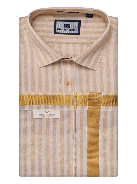 Men's Tissue Stripes Gold Shirt & Jari Border Flexi Dhoti Wedding Combo Finely