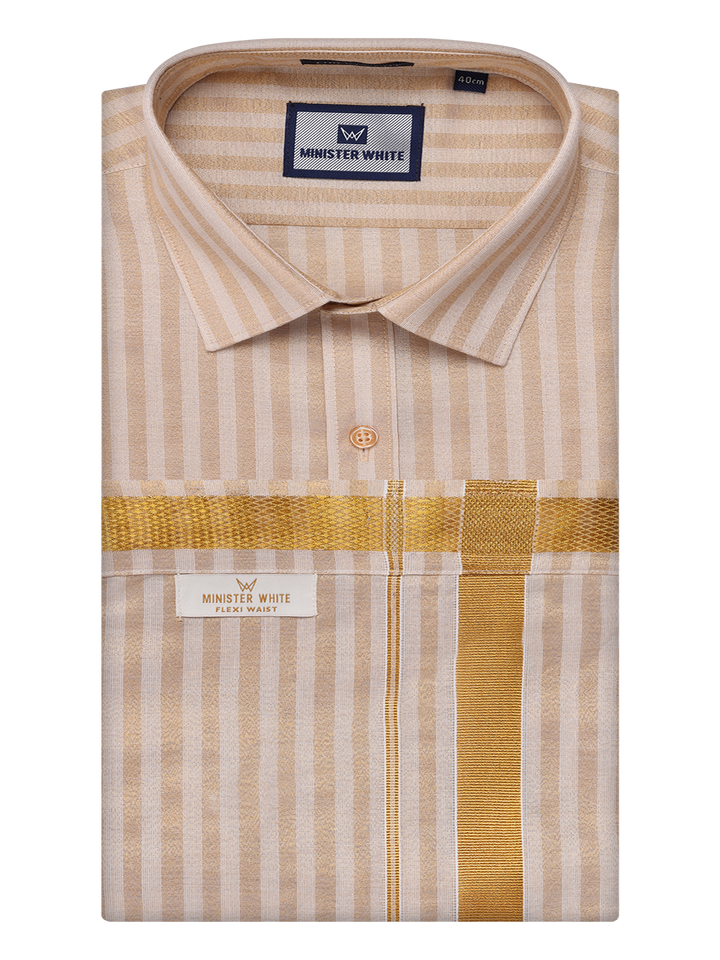 Men's Tissue Stripes Gold Shirt & Jari Border Flexi Dhoti Wedding Combo Finely