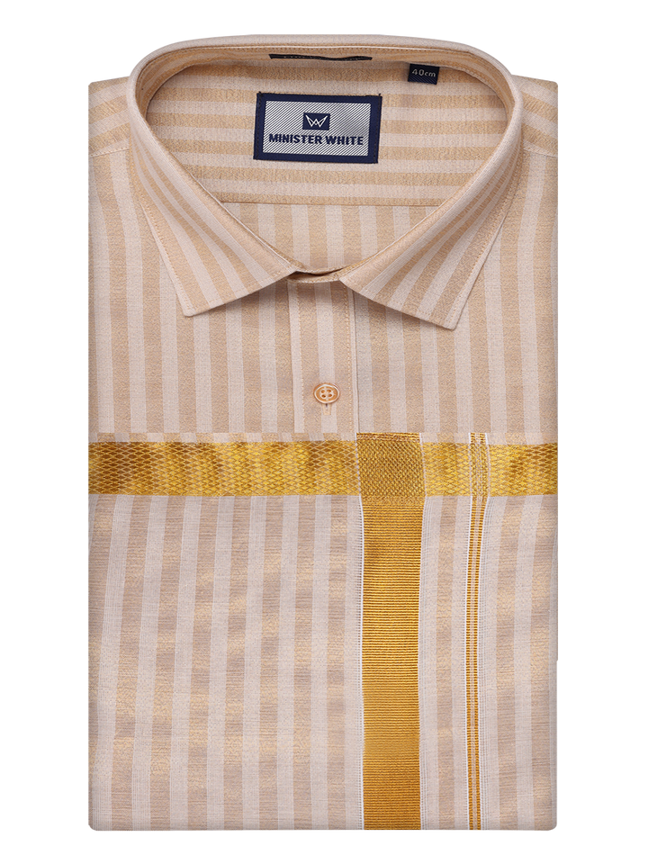 Mens Tissue Stripes Gold Shirt & Jari Border Dhoti Wedding Combo Finely by Minister White