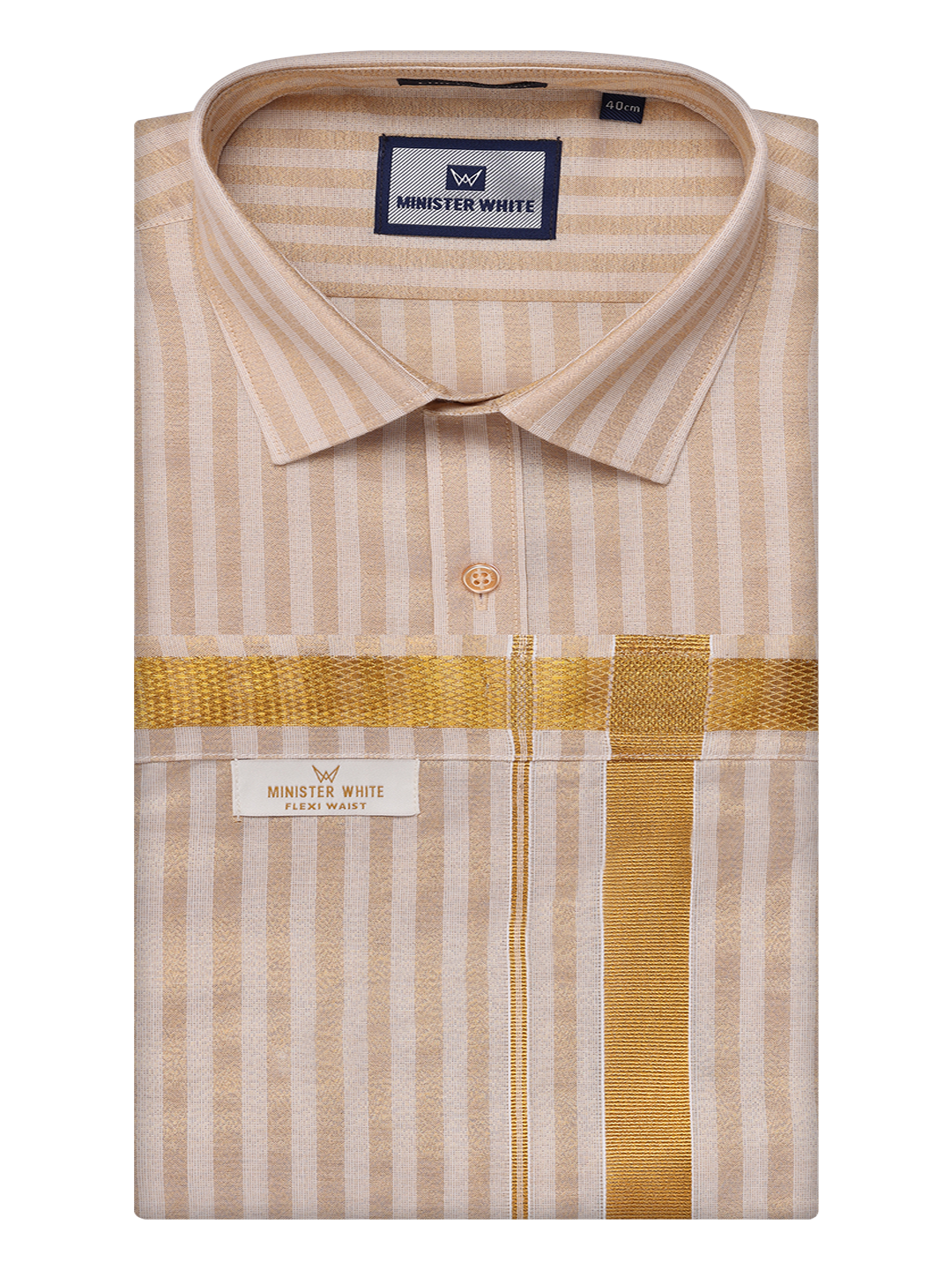 Mens Tissue Stripes Gold Shirt & Jari Border Flexi Dhoti Wedding Combo Finely