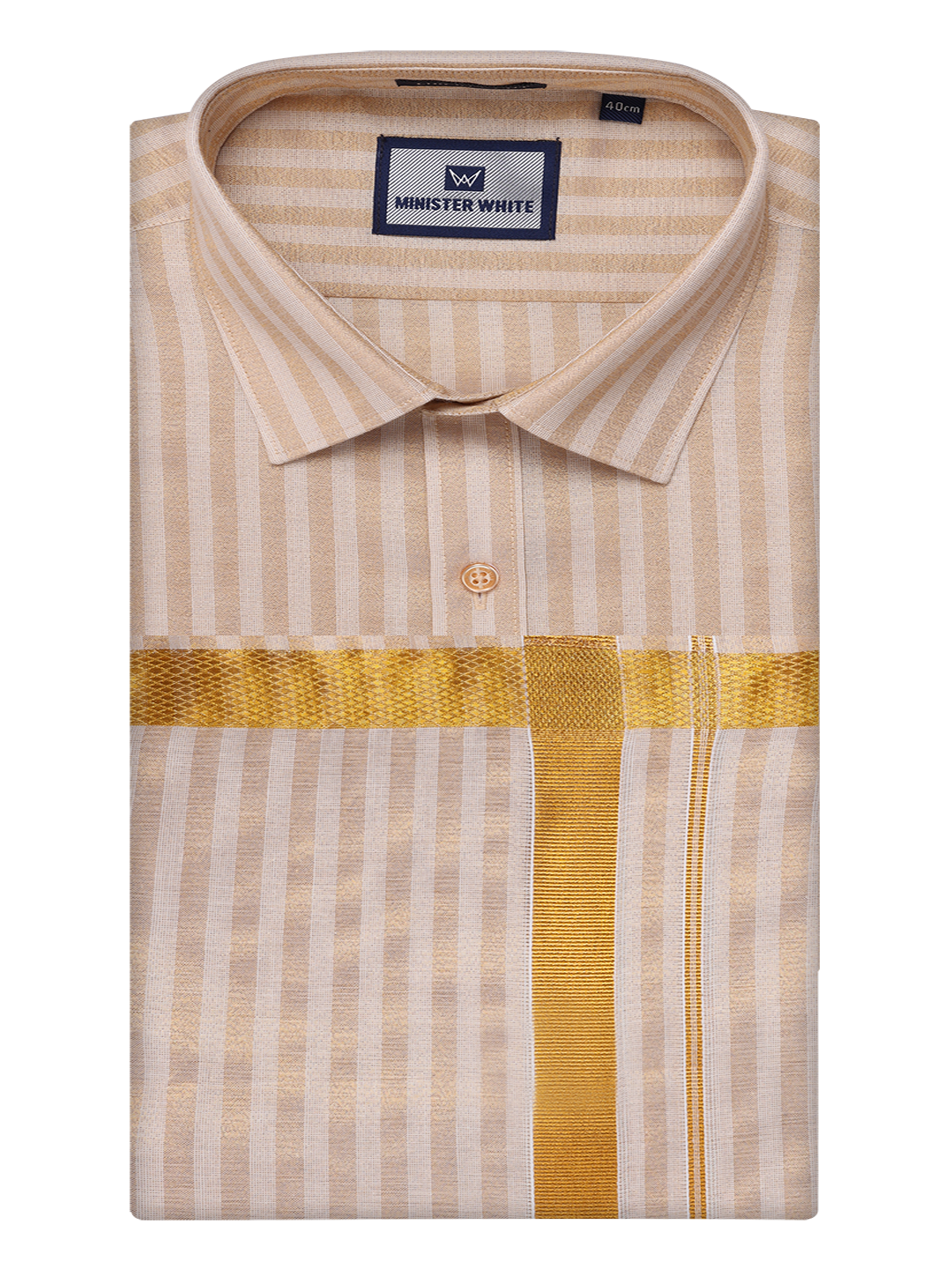 Mens Tissue Stripes Gold Shirt & Jari Border Dhoti Wedding Combo Finely by Minister White