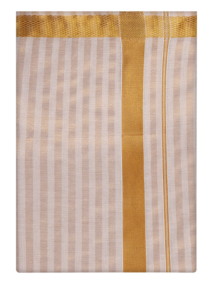 Mens Tissue Stripes Gold Jari Border Dhoti by Minister White