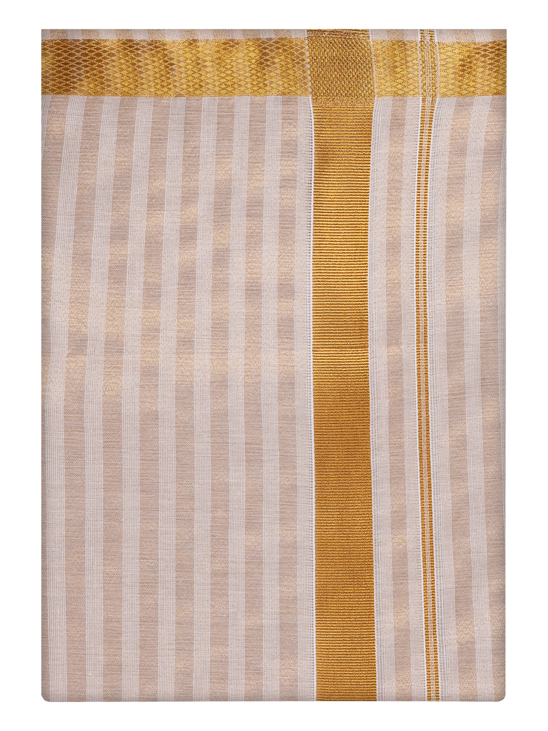 Mens Tissue Stripes Gold Jari Border Dhoti by Minister White