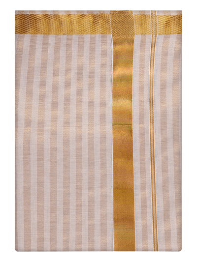 Mens Tissue Stripes Gold Jari Border Dhoti by Minister White