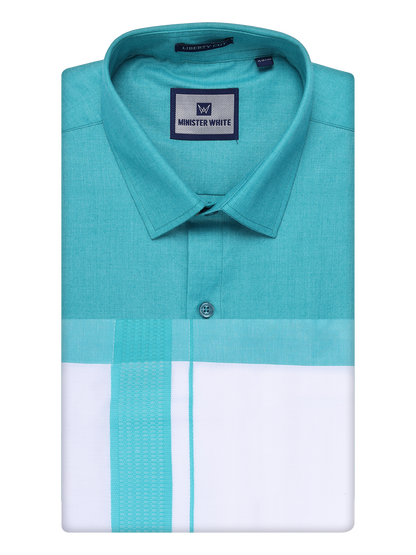 Mens Sky Blue Color Shirt with Matching Border Dhoti Combo Casper by Minister White