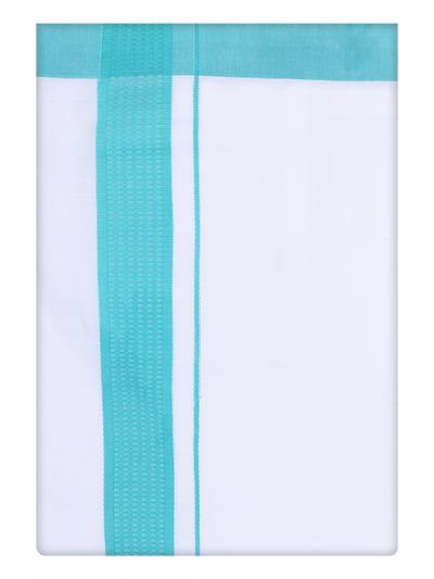 Mens White Cotton Dhoti with Sky Blue Color Border by Minister White