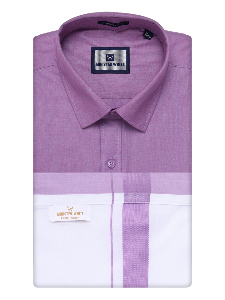 Mens Light Purple Shirt with Matching Border Flexi Dhoti Combo Casper Flexi by Minister White