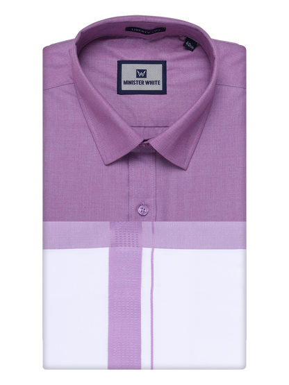 Mens Light Purple Color Shirt with Matching Border Dhoti Combo Casper by Minister White