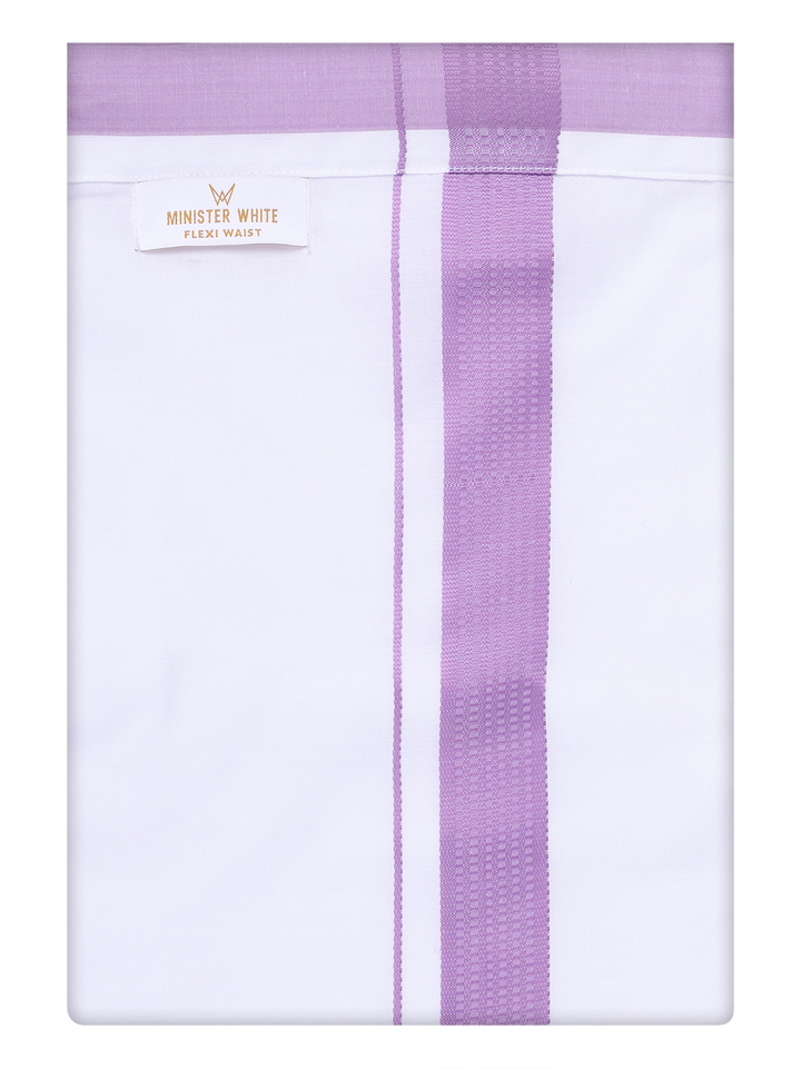 Mens Cotton White Flexi Dhoti with Light Purple Border by Minister White