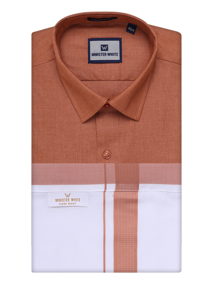 Mens Cotton Brown Shirt with Matching Border Flexi Dhoti Combo Casper Flexi by Minister White
