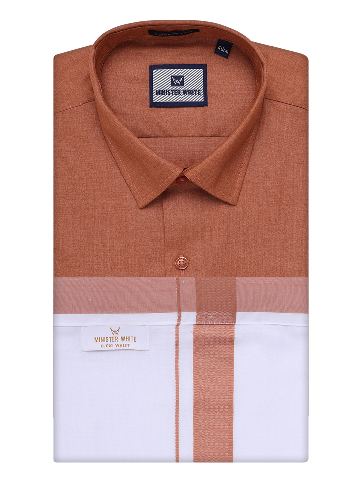 Mens Cotton Brown Shirt with Matching Border Flexi Dhoti Combo Casper Flexi by Minister White