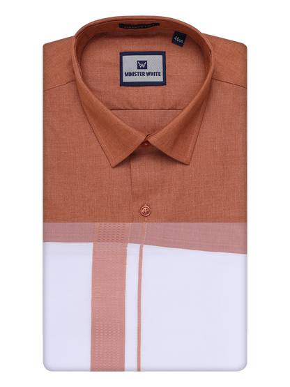 Mens Brown Color Shirt with Matching Border Dhoti Combo Casper by Minister White