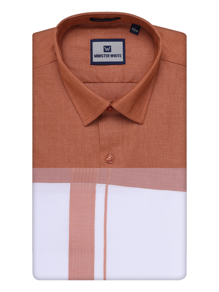 Mens Brown Color Shirt with Matching Border Dhoti Combo Casper by Minister White