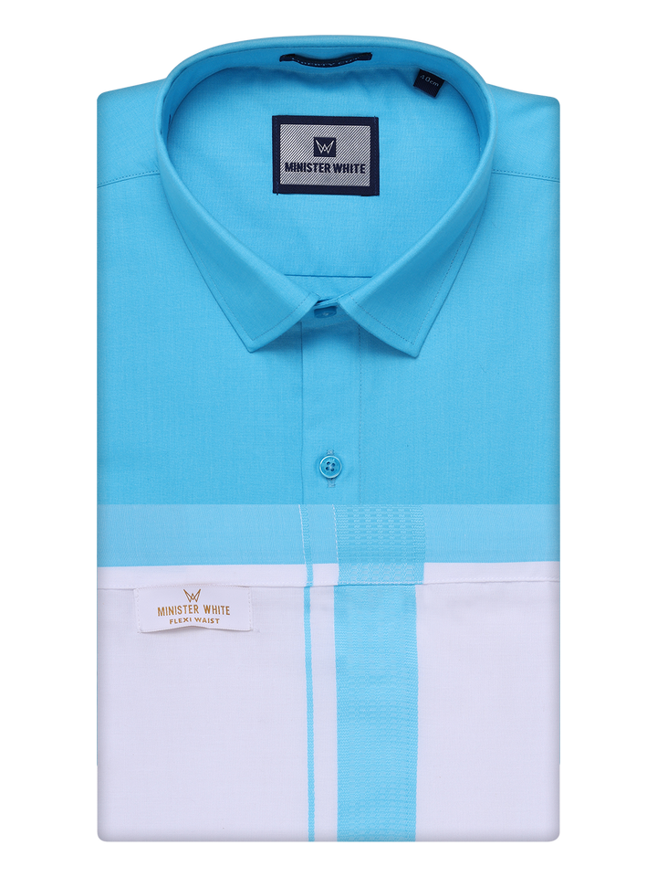 Mens Sky Blue Shirt with Matching Border Flexi Dhoti Combo Casper Flexi by Minister White