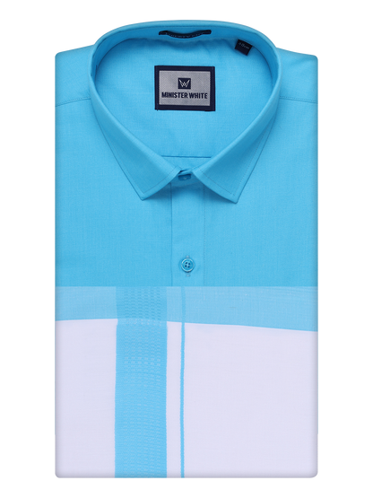 Mens Sky Blue Color Shirt with Matching Border Dhoti Combo Casper by Minister White