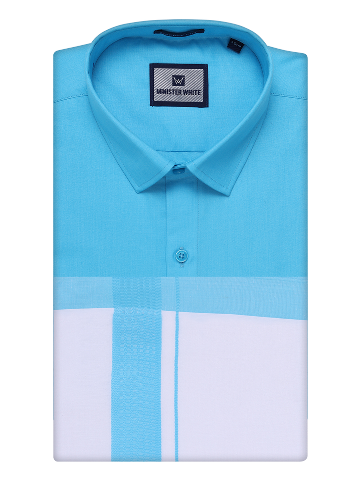 Mens Sky Blue Color Shirt with Matching Border Dhoti Combo Casper by Minister White
