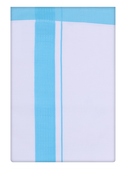 Mens Cotton White Dhoti with Sky Blue Border by Minister White