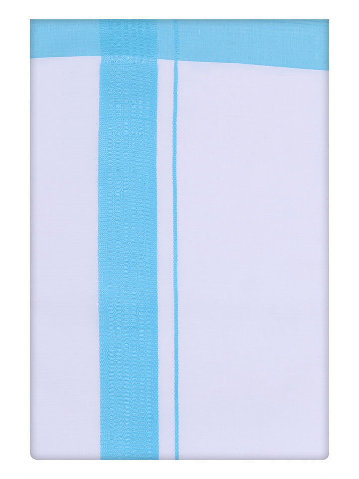 Mens Cotton White Dhoti with Sky Blue Border by Minister White