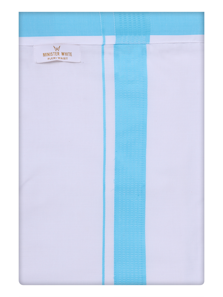 Mens Cotton White Flexi Dhoti with Sky Blue Border by Minister White