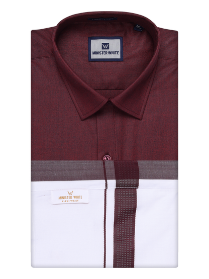 Mens Maroon Shirt with Matching Border Flexi Dhoti Combo Casper Flexi by Minister White