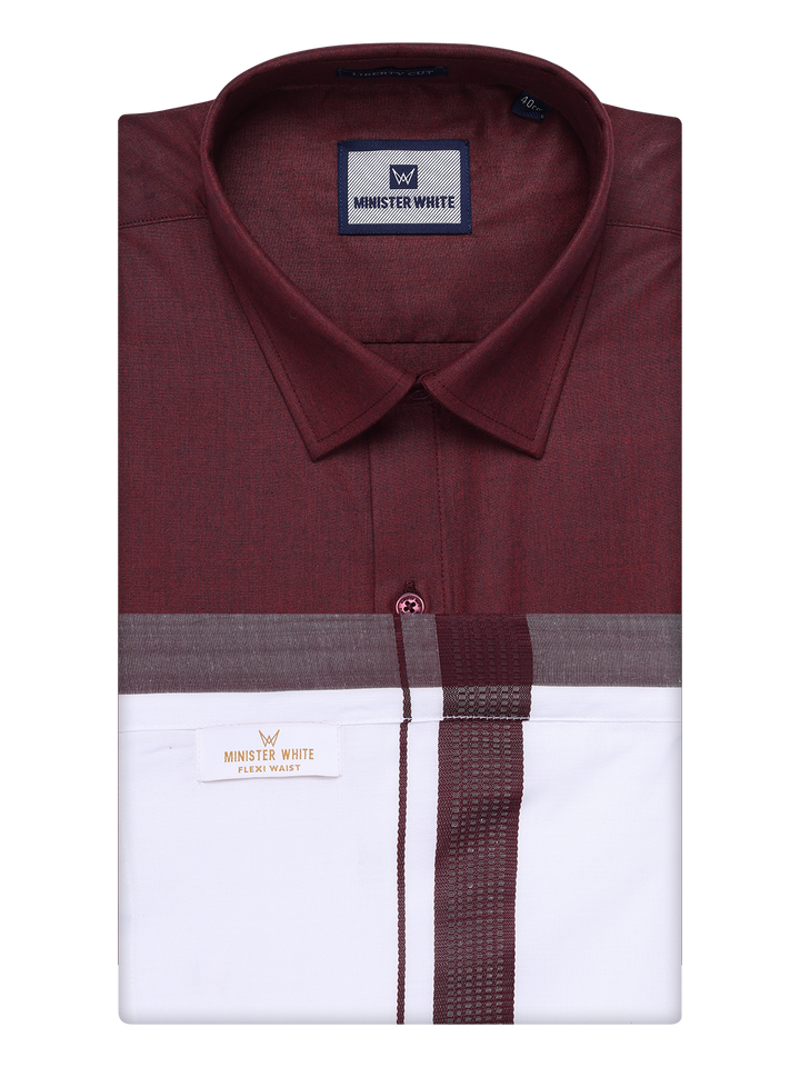 Mens Maroon Shirt with Matching Border Flexi Dhoti Combo Casper Flexi by Minister White