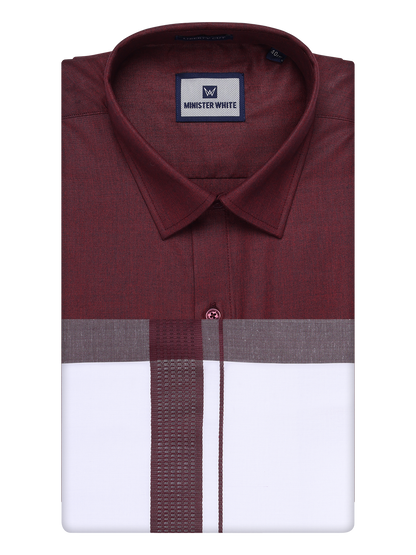 Mens Maroon Color Shirt with Matching Border Dhoti Combo Casper by Minister White