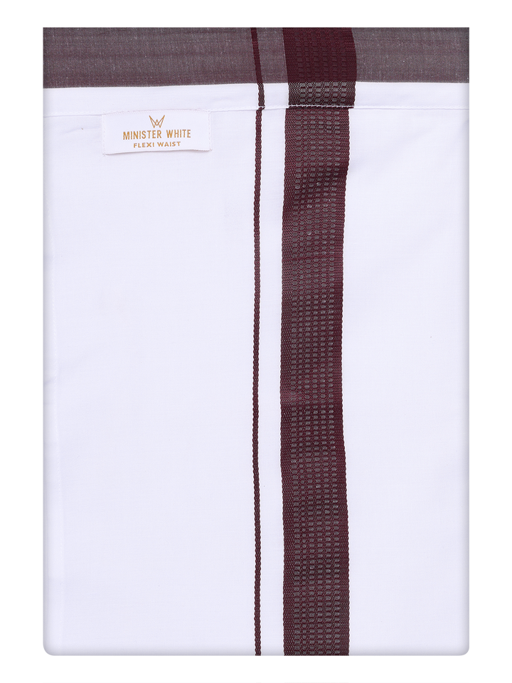 Mens Cotton White Flexi Dhoti with Maroon Border by Minister White