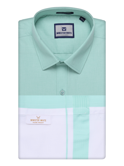 Mens See Green Shirt with Matching Border Flexi Dhoti Combo Casper Flexi by Minister White