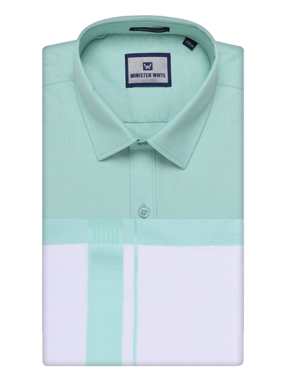 Mens Sea Green Color Shirt with Matching Border Dhoti Combo Casper by Minister White