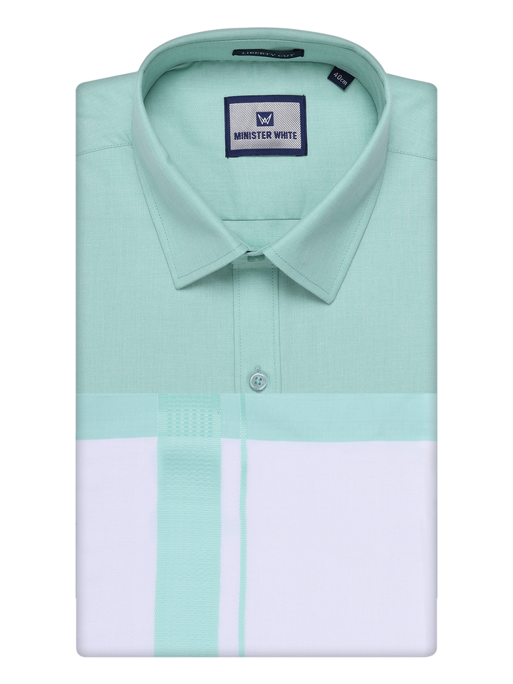 Mens Sea Green Color Shirt with Matching Border Dhoti Combo Casper by Minister White