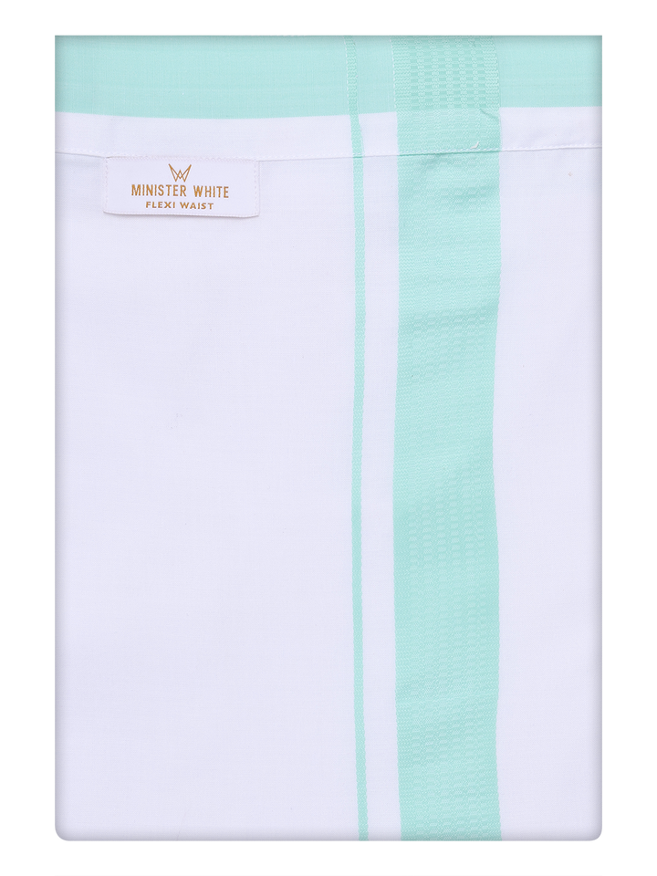 Mens Cotton White Flexi Dhoti with Sea Green Border by Minister White