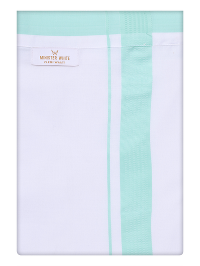 Mens Cotton White Flexi Dhoti with Sea Green Border by Minister White