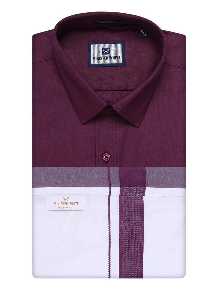 Mens Dark Wine Shirt with Matching Border Flexi Dhoti Combo Casper Flexi by Minister White